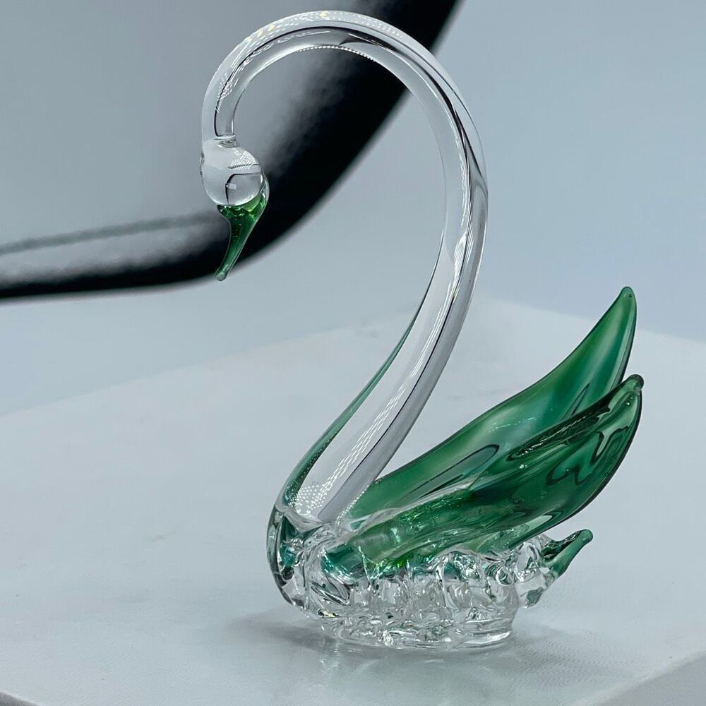 Vintage 60’s/7’s hand blown glass swan green clear